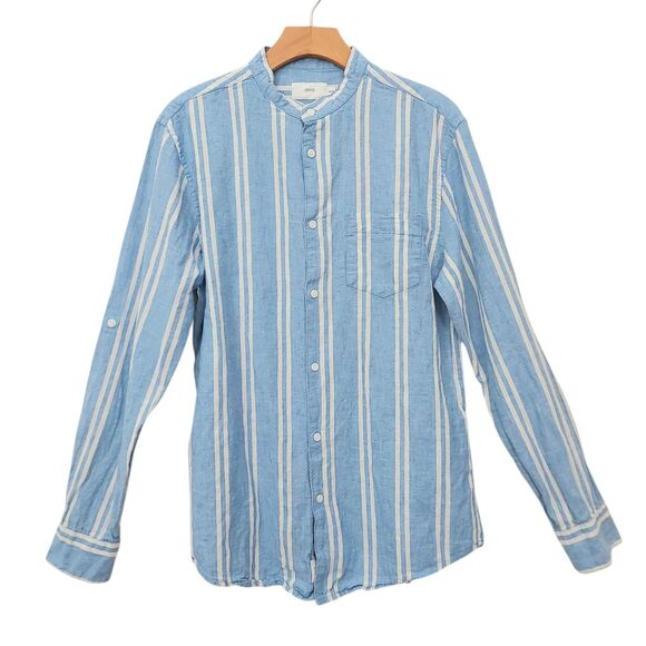 Onia Shirt Mens Medium Blue Striped Roll Tab Sleeve Linen Cotton Travel Beach - Picture 1 of 12